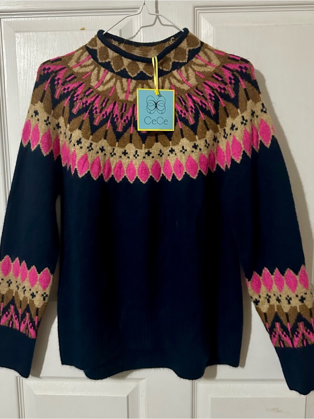 CeCe Navy Fair Isle Turtleneck Sweater with Pink and Tan Accents